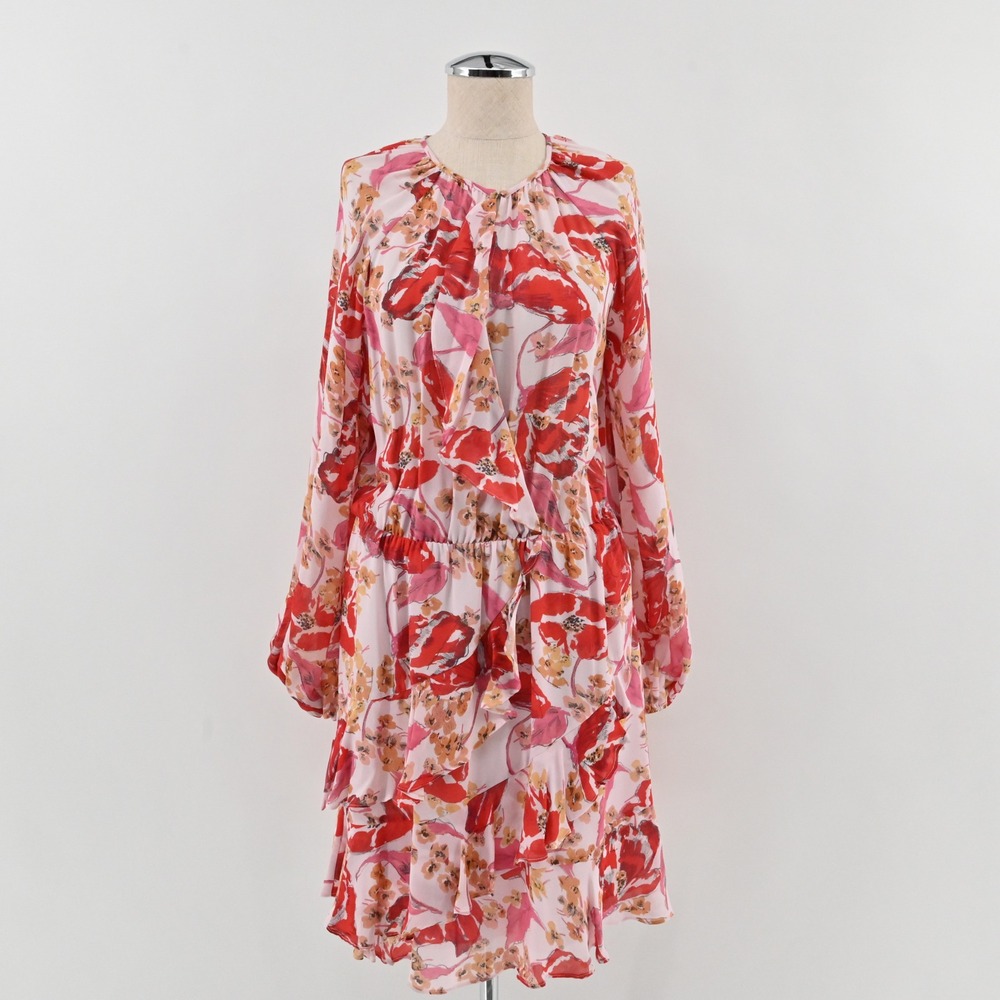 Parker Bertie Floral Silk Ruffle Mini Dress Womens Size M Pink Red Poppy Brunch